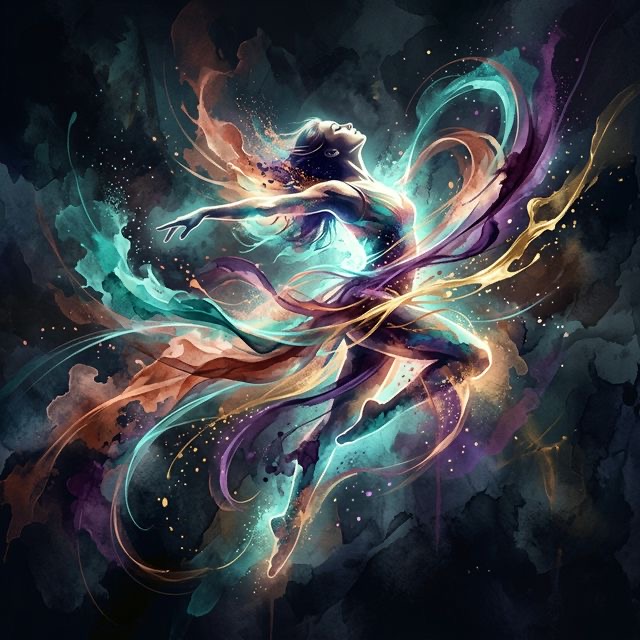 A dancer dissolving into prismatic light, the creative spirit in motion