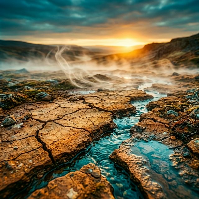 Sun-warmed stones beside flowing water, earth's raw elements in harmony