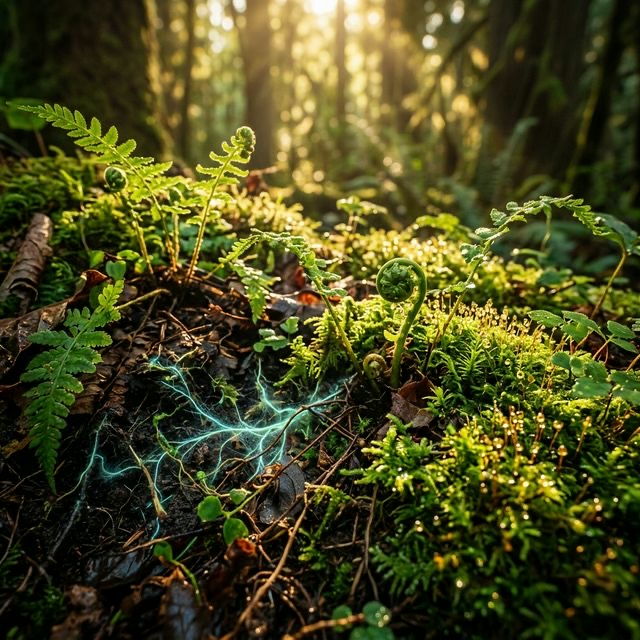 Sunlight filtering through a lush forest canopy onto mossy ground