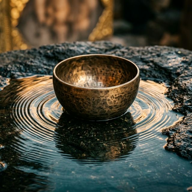 A singing bowl resting by still water at dawn, radiating calm presence
